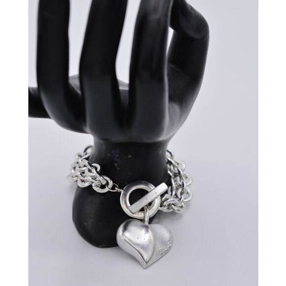 Givenchy Vintage Heart Charm Bracelet Logo Chain Brushed Silver Toggle 80s Bin6 - Picture 2 of 12